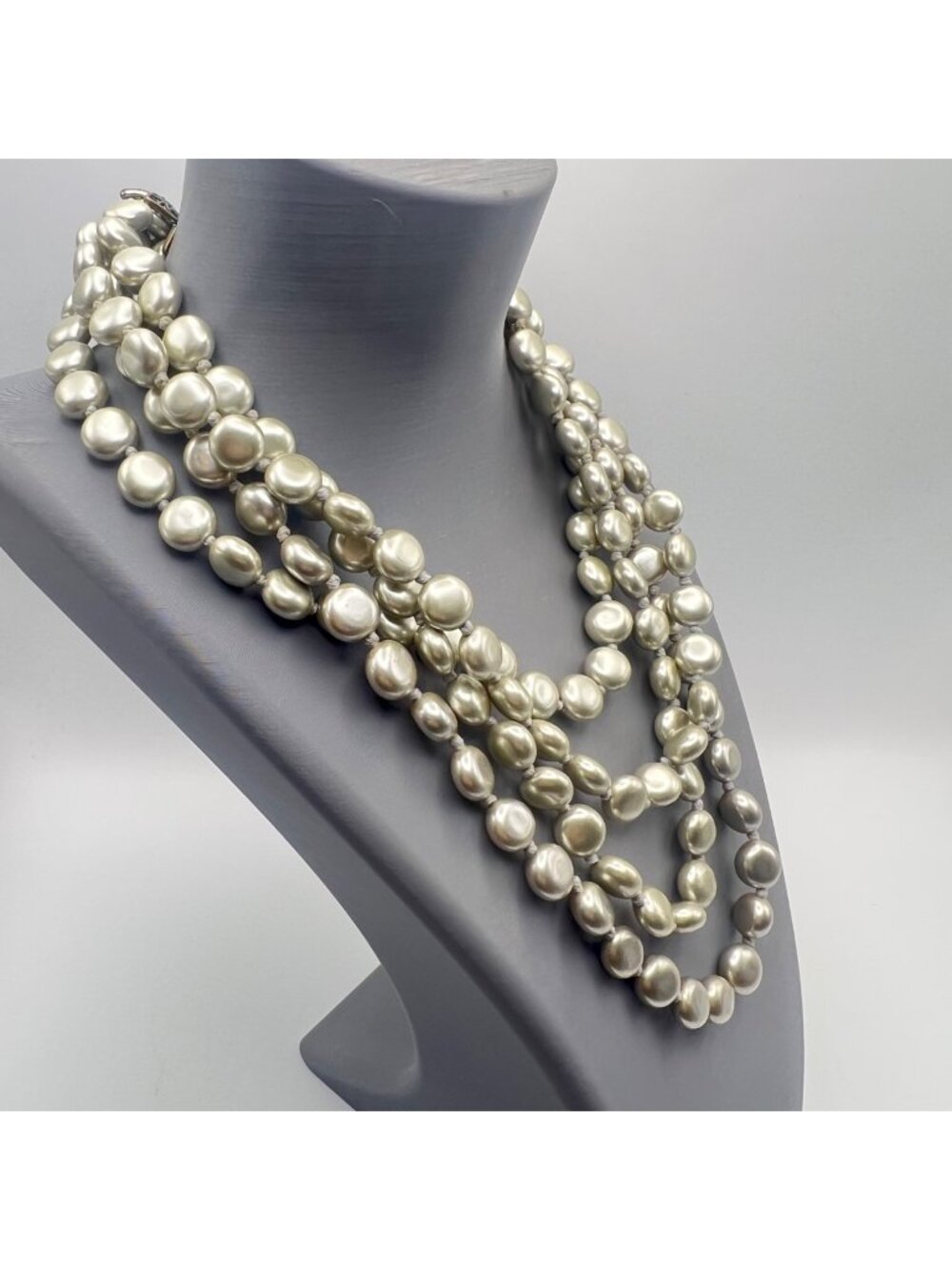 Hand-Knotted Gray Faux Baroque Coin Pearl Necklace 4 Strand Filigree 16"+2.5"